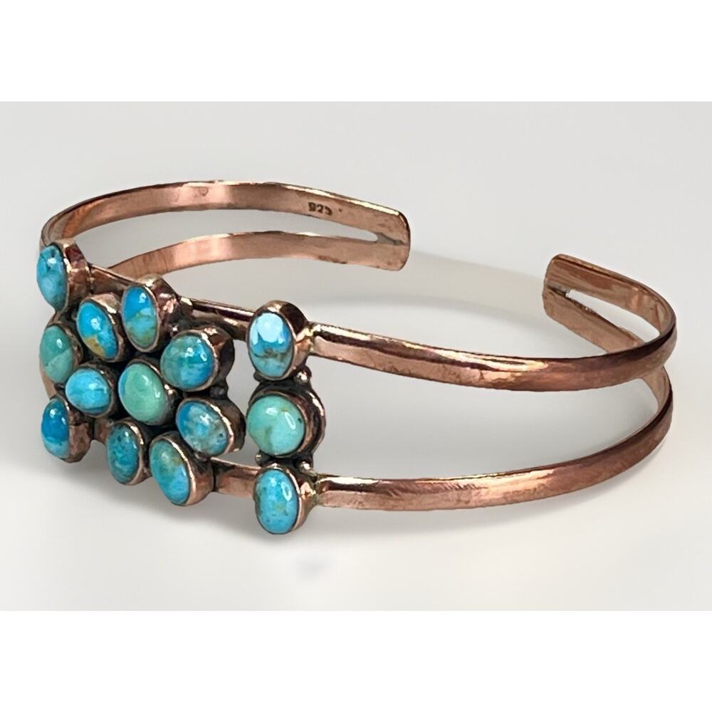 Southwestern Copper Kingman Turquoise Cluster Cuff Bracelet Handmade Statement - Picture 6 of 14